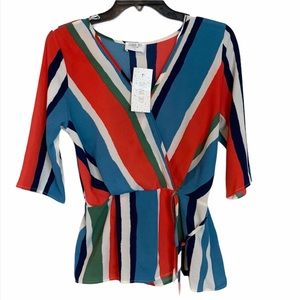 NWT  Striped Faux Wrap Around Tie Shirt-